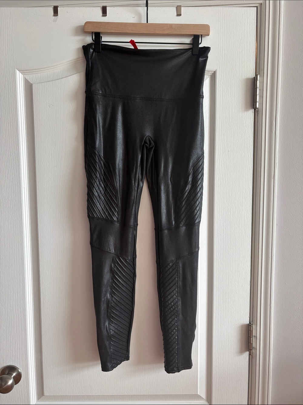 SPANX Black Faux Leather Moto Leggings with Quilted Panels